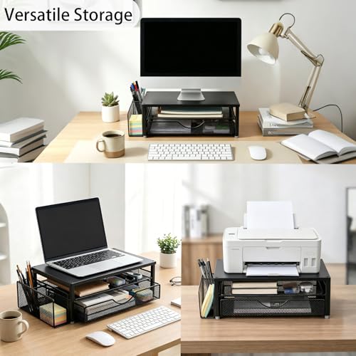 Spacrea Desk Organizer and Accessories, Computer Monitor Stand Riser with Drawer and 1 Open Pen Holder, Printer & Laptop Stand, Office Desk Accessories for Home Office Supplies (Black) - color: Black - Metal Drawer