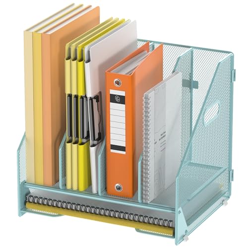 Docnest Desk File Holder Sorter, 4 Vertical Compartments Rack with Letter Tray, Mesh Magazine File Holder with Handle,Workspace Organizers,Desk Organizers for Paper, Mail, Documents-Blue - color: Blue-4 Compartments