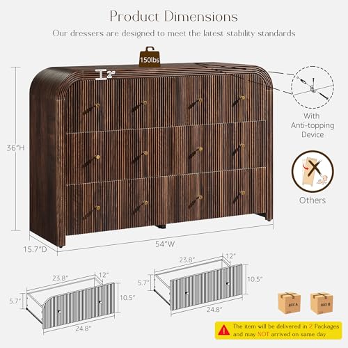 T4TREAM Fluted Dresser for Bedroom with 6 Drawers, 54" Wide Modern Chest of Drawers with Thickened Curved Profile Design, Wood Dressers TV Stand for Bedroom, Living Room, Hallway, Dark Walnut - color: Dark Walnut, size: 15.75"D x 54"W x 36"H(6 Drawers)