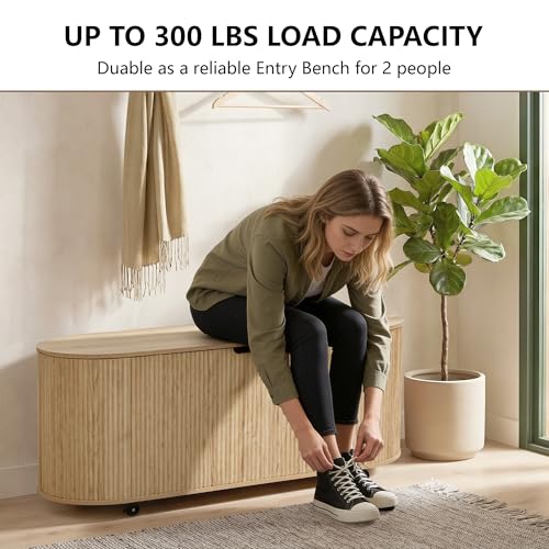 Fluted Storage Bench with 4 Wheels, 43.3” Oval Storage Chest with Safety Hinges, Modern Wooden End of Bed Bench, Large Storage Trunk Toy Chest with Lift Top for Entryway Bedroom Living Room, Natural - color: Natural