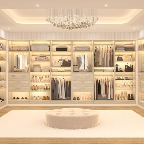 Unikito 50” Closet System with 4 Drawers, 4.2FT Wood Closet Organizer with Hanging Rod and Mirror, Reversible Small Walk in Closets Wardrobe, Adjustable Sturdy Clothes Garment Rack, White Oak - color: White Oak, size: 50 Inch