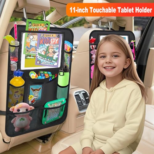 Car Backseat Organizer ，2 Pack Car Organizer Back Seat with 11" Tablet Holder, 10 Storage Pockets Seat Back Protectors Kick Mats for Kids Toddlers, Travel Accessories (Black) - color: Black, size: 2 Pack
