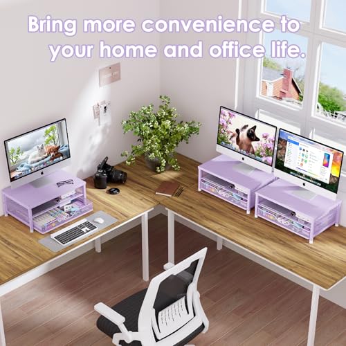 OPNICE Computer Monitor Stand Riser, Desk Organizer with Drawer, Printer & Laptop Stand, Office Desk Accessories & Workspace Desktop Organizers Storage for Office Supplies(Purple) - color: Purple