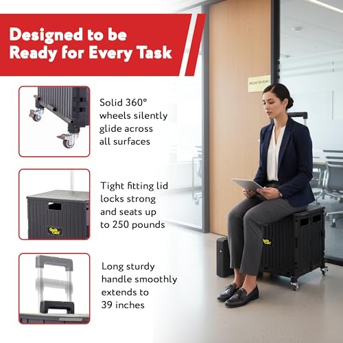 dbest Products Quik Cart 360 Rolling Crate with Wheels - Collapsible Utility Cart for Teachers & Home - Heavy Duty Folding Cart with Seat - 80 lb Capacity - Black - color: Black, style: 360