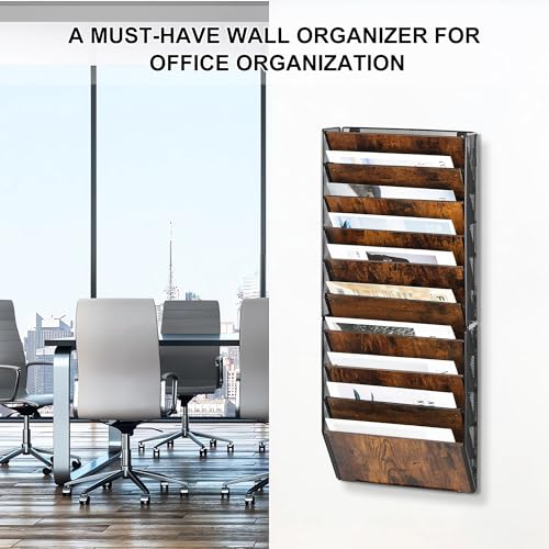 TQVAI 10-Pocket Hanging Wall File Organizer - Metal Folding Wall Mounted Mail Document Holder, Multi-Purpose Clipboard Storage Rack for Office, Homeschool, Classroom Organization, Black/Vintage - size: 10 Pockets