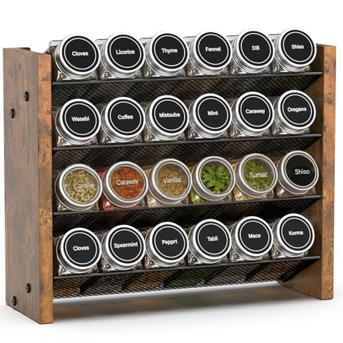 NESAPTO Spice Rack Organizer for Cabinet, Wooden 4 Tier Vertical Seasoning Organizers for Kitchen Pantry, Countertop/Wall Mount, Holds 24 Spice Jars (No Jars Included),12.2" W × 9.4" H - size: Holds 24 Jars, 12.2"W × 9.4"H