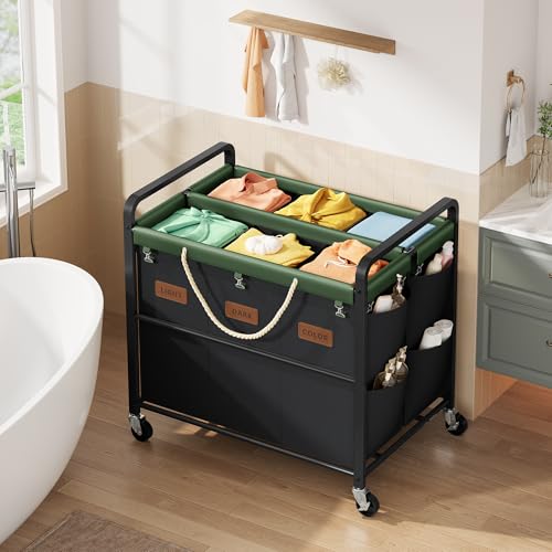 Tajsoon 350L Extra Large Laundry Sorter 6 Section, Heavy Duty Laundry Basket with Lockable Wheels, Laundry Cart with Sturdy Metal Frame, Leather Patchwork Laundry Separated with Removable Bags, Black - color: Black, size: 6 Bag 350L