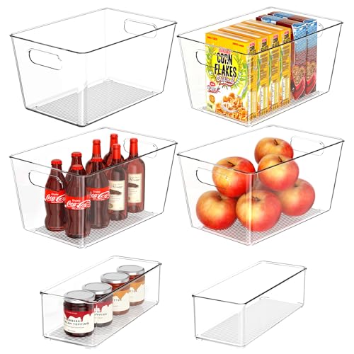Set of 6 Clear Plastic Storage Bins, 4 Large +2 Small Pantry Organizers and Storage Containers for Kitchen Organization, Home Storage Must Haves for Office, Closet, Garage, Freezer& Bathroom - size: 4 Large & 2 Small