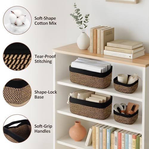5-Pack Small Woven Rope Storage Baskets – 2 Sizes Organizer Bins for Closet, Shelf, Bookshelf, Nursery, Changing Table, Fabric Cube Boxes, Rectangular Shallow Bins for Bathroom, Toy & Home - color: Black & Gold