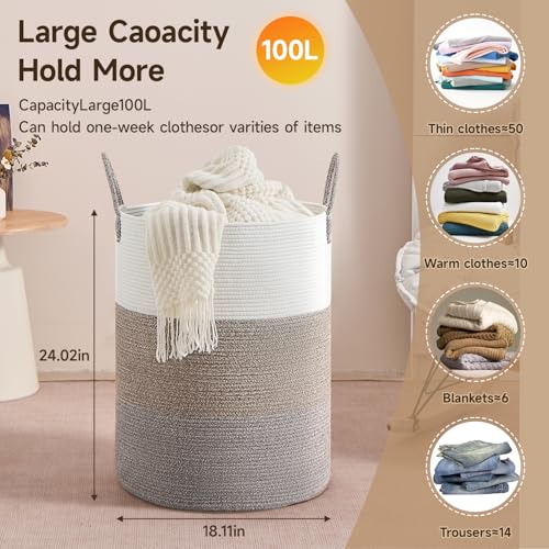 CLHMILY&Z 100L Laundry Basket Round Storage Rope Basket - 18.1x24 Inches - Laundry Hamper in Bedreoom and Mutil Storage Bin for Blankets, Toys, and Nursery Essentials - color: Brown & White, size: 100L