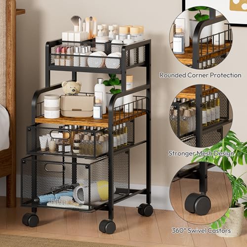 SWTYMIKI Rolling Cart with Drawers - Metal Utility Cart with Wood Shelf, DIY Divider and Locking Wheels, Craft & Art Cart Organizer for Under Desk Storage for Home Office Studio, Espresso - color: 4 Tiers-Espresso, size: 4 Tiers