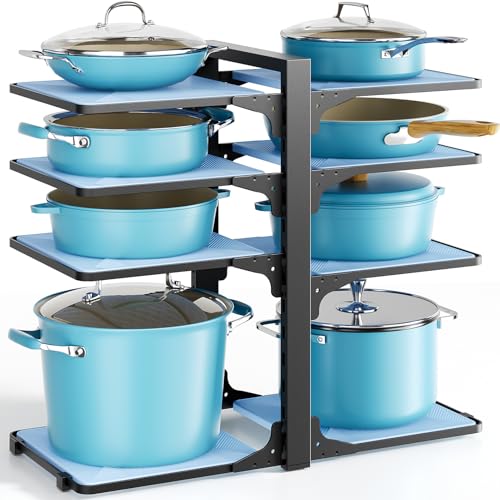 LAMU Pots and Pans Organizer under Cabinet, 8-Tier Heavy Duty Pan Organizers inside Cabinet, Adjustable Pot Rack for Small Kitchen Storage, 15" Height Holds Cast Iron Pans and Skillets Black - color: Black