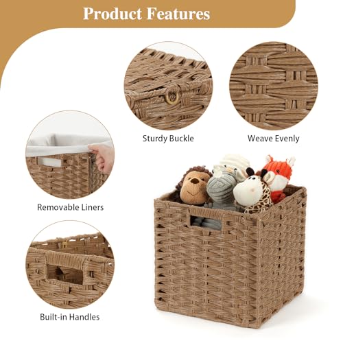 DULLEMELO Wicker Storage Baskets 11x11 Storage Cube Bins Foldable Plastic Cubby Baskets for Shelves Set of 2 Waterproof Woven Storage Bins for Organizing Pantry,Closet,Toys - Brown - color: Woven-Brown, size: 11in-2 pack