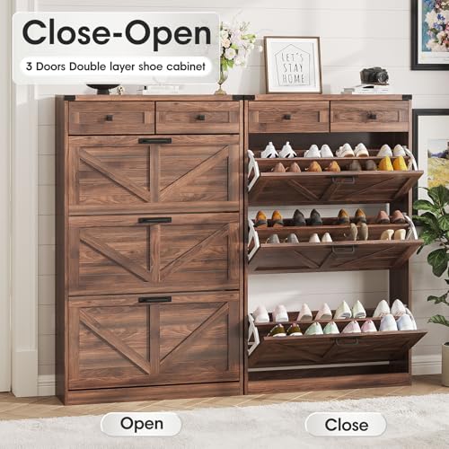 Halitaa Shoe Cabinet with 3 Flip Drawers & 2 Drawers,Freestanding Shoe Storage Cabinet for Entryway,Farmhouse Narrow Slim Organizer Rack for Foyer,Hallway,Dark Walnut - color: Dark Walnut, style: 3-Drawers