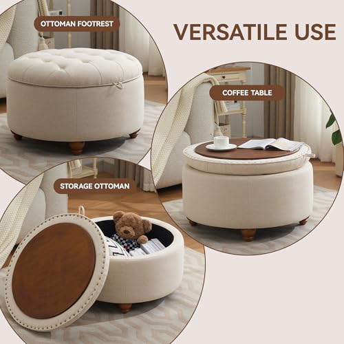 WUTUTUEE 30Inch Round Storage Ottoman with Tray, Modern Tufted Fabric Circle Coffee Table with Storage, Upholstered Ottoman with Removable Top for Living Room, Bedroom, Khaki - color: Khaki, size: 30 Inch
