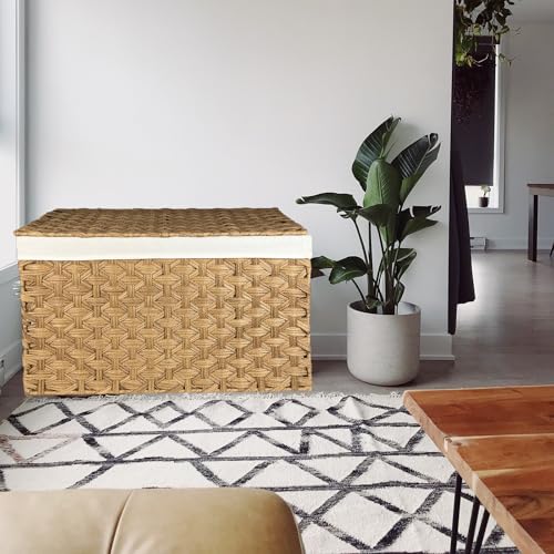 Wicker Storage Basket with Lid, 42.3 Gallon (160L) Large Blanket Basket with Lid, Woven Storage Bin with Handles, Removable Liner, Metal Frame, Foldable, for Bedroom, Laundry Room, Natural - color: Natural, size: 160L:17.7 x 29.9 x 18.1 Inches