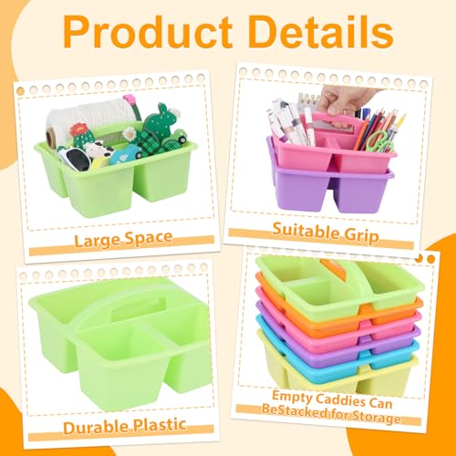 6 Pack Classroom Caddy with Handle Plastic Storage Caddy Organizer with 3 Compartments Desk Caddies Holder Portable Storage Bin for Pencil, Crayon, Marker, Home, Office, School Supply(Colorful) - color: Colorful
