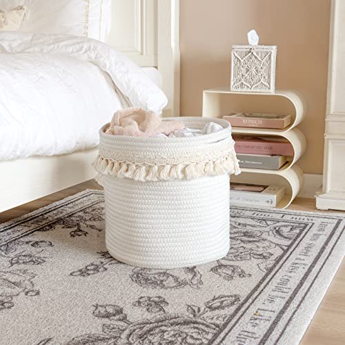 Mkono Macrame Decorative Cotton Rope Basket Boho Nursery Decor Cute Woven Tassel Closet Storage Bins Organizer for Baby Toys,Diaper, Blankets,Magazine,Potted Plants Cover,Living Room,Bedroom, 15"x14" - size: 15"x14"