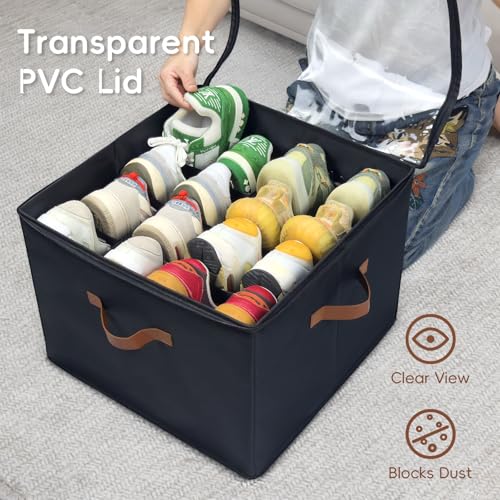Shoe Organizer Box 2 Pack, Shoe Storage Organizer with Clear Cover, Adjustable Dividers Fits 16-32 Pairs, Fabric Shoe Organizer for Closet, Black - color: 2 Pack - Black
