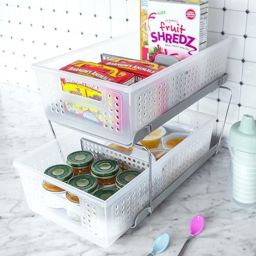 madesmart 2-Tier Organizer Slide-Out Baskets with Handles, Space Saving, Multi-Purpose Storage & BPA-Free, Large, Frost-with Dividers (Pack of 4) - size: 4-Pack
