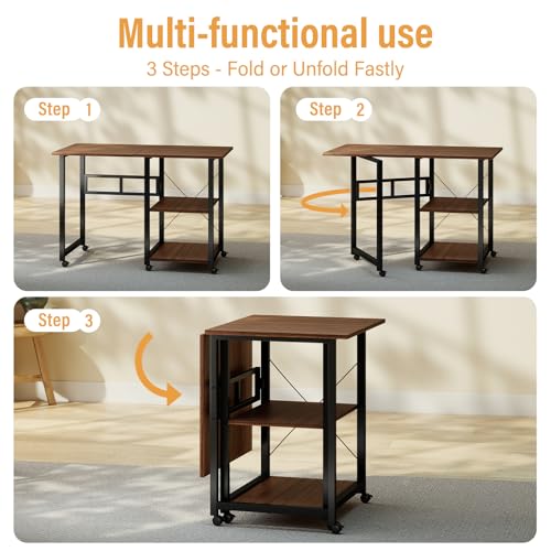 Funecy Folding Desk with Storage Shelf, Writing Office Computer Desk, 42.5 Inch Multi-Purpose Folding Dining Table, Mobile Table with Wheels (Brown)
