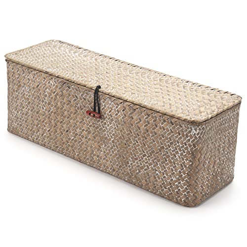 Whitewash Seagrass Tank Basket with Lid Woven Toilet Roll Storage Basket with Sections Rectangular for Organize Snack Toys (Large Compartment 16.5inch L x 5.5inch W x 5.5inch H) - color: Whitewash