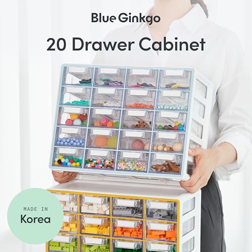 Blue Ginkgo Small 20-Drawer Cabinet – Stackable Clear Organizer for Hardware, Beads, Plastic Bricks, Office, and Craft Storage (Made in Korea, Yellow) - color: YELLOW, size: 20 Drawer