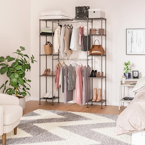 Seville Classics Closet Garment Organizer with Metal Hanging Rod Wardrobe Storage System, w/ Steel Shelves for Clothes, Shirts, Jackets, Coats, Blankets, Shoes, Satin Bronze, Expandable Rack - color: Satin Bronze