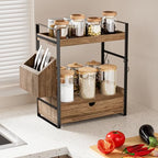 Kottwca 2-Tier Bathroom Counter Organizer with Drawer, Basket & Hooks, Wooden Vanity Shelf for Skincare, Perfume & Makeup Storage(Dark Brown) - color: Dark Brown