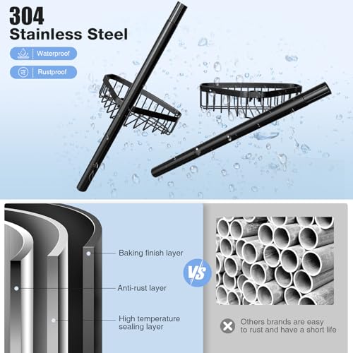 Corner Shower Caddy Tension Pole: Adjustable Rustproof 4-Tier Inside Bathroom Organizer - 47-121 inch Quick Installation Bathtub Shelves for Shampoo Storage - Rod Floor Standing Bath Rack - Black - color: Black