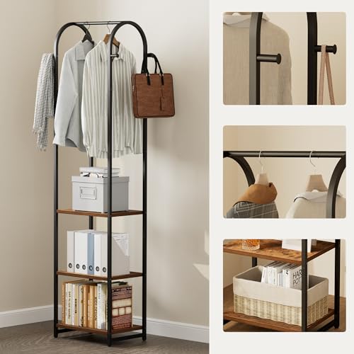 Garment Rack, Coat Rack With 3 Shelves and 4 Hooks, 71" H Clothes Stand For Hanging Clothes, Hanging Rod For for Bedroom, Hallway, Entryway, Office, Living Room, Rustic Brown and Black - color: Rustic Brown and Black, style: with Arched Top