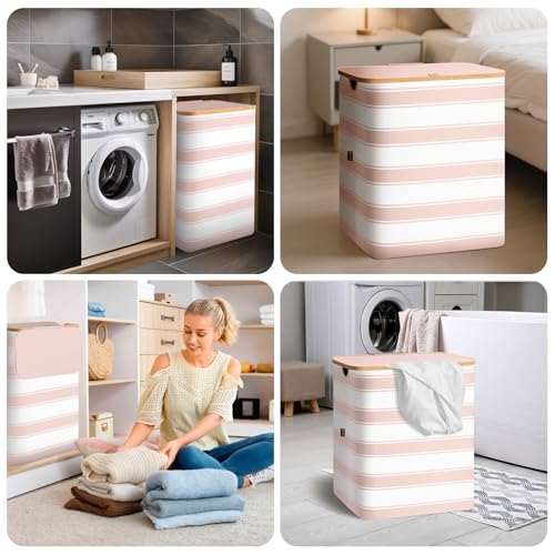 BALEINE Laundry Hamper with Lid, Tall Laundry Baskets with Bamboo Pull Handles, Large Laundry Bin with Internal Support (18 Gal/70L, Pink Pinstripe) - color: Pink Pinstripe, size: 70 liters