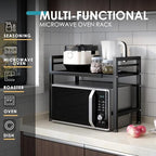 DOLALIKE Microwave Oven Rack, Expandable Microwave Stand Countertop Kitchen Utensils Tableware Storage, Carbon Steel Over Microwave Shelf Countertop with 3 Hooks - color: Black, size: 2 Tier (Without Spice Rack)