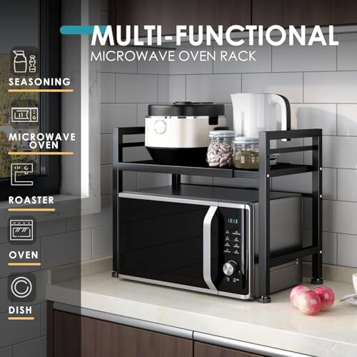 DOLALIKE Microwave Oven Rack, Expandable Microwave Stand Countertop Kitchen Utensils Tableware Storage, Carbon Steel Over Microwave Shelf Countertop with 3 Hooks - color: Black, size: 2 Tier (Without Spice Rack)
