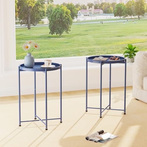 Garden 4 you Small Side Table, Blue Mini Round End Table, Tray Table with Metal Frame, Modern Nightstand for Living Room, Bedroom, Patio, Small Space, 1pcs - color: Blue, size: 1 PCS