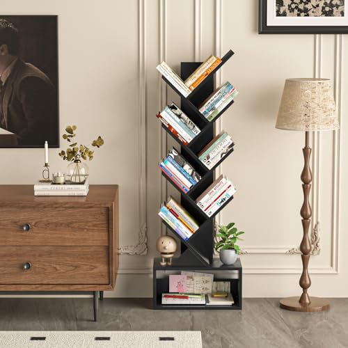 SHEEPAM 9 Tier Tree Bookshelf,Christmas Green Bookcase for Narrow Space, Storage Organizer Floor Standing Bookshelves for Books, Tall Book Case for Home Office, Living Room, Bedroom - color: Classic Black, size: 9 Tier