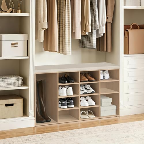 DINZI LVJ Shoe Storage Bench with Cushion, 16-Cubby Shoe Rack, Adjustable Shelves, 40.9" Long Shoe Organizer Bench for Entryway, Mudroom, Hallway, Garage, Natural and Cappuccino Beige - color: Natural, size: 16 Cubby