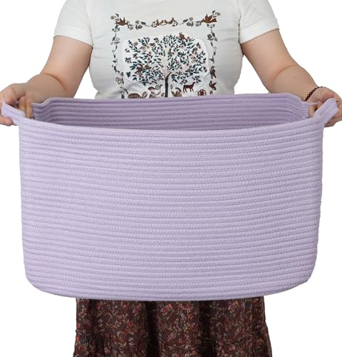 XUANGUO Large Rectangle Blankets Basket Living Room 22"x17"x12" Woven Cotton Rope Storage Baskets for Nursery Toy Basket for Kids Wicker Laundry Baskets Bin for Clothes Towels purple or Lavendor - color: purple or Lavendor