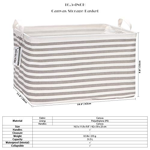 Sea Team 2-Pack Collapsible Canvas Fabric Storage Basket with Handles, Rectangle Waterproof Storage Bin, Box, Cube, Foldable Shelf Basket, Closet Organizer, 16.5 x 11.8 x 9.8 Inches, Grey Stripe - color: Stripe/Grey, size: 16.5 Inch (Pack of 2)