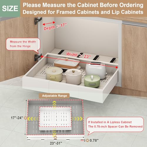 Pull out Cabinet Organizer,Expandable Width(23"-31"),Depth(17"-24") with 5 Rails,Roll out Drawers,No Drill Adjustable Slide out Shelves for Kitchen,Pantry,for Both Lip and Lip-Free Cabinets,White(1PC) - color: White, size: (23"W-31"W)X(17"D-24"D)