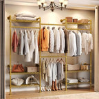 Wall Mounted Garment Rack, Walk-in Closet System with Expandable Rods, Adjustable Shelves, Industrial Pipe Clothing Racks, Hanging Clothes Organizers and Storage, Metal Closet Shelving Wardrobe - color: Gold