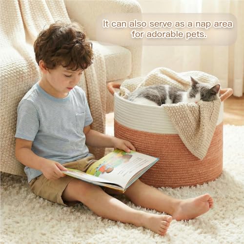 Artfeel 40L Large Cotton Rope Basket, Decorative Woven Blanket Storage for Living Room, Boho Toy Storage & Toy Box for Kids, Versatile Laundry Basket & Nursery Hamper for Blankets(Orange) - color: Orange, size: 40L