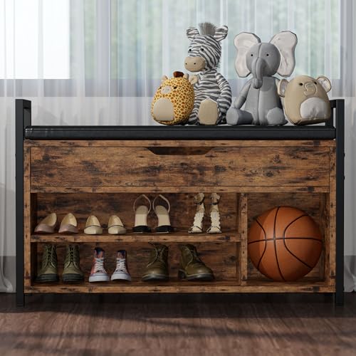 IRONCK Shoe Storage Bench, Entryway Bench with Lift Top Storage Box, Metal and Board Bench for Entryway, Two Tier Shoe Rack Organizer for Entryway, Hallway, Industrial, Vintage Brown - size: 35.4" W