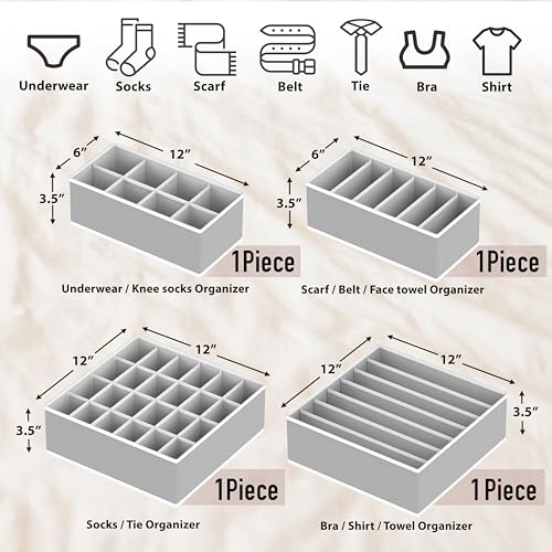 Simple Houseware 4-Pack Drawer Organizer Set - Closet Dividers for Underwear, Socks, Bras, Scarves, Ties - Foldable Non-Woven Storage Boxes, Gray - color: Gray, size: 4 Pack