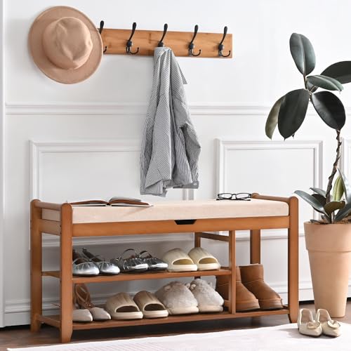 39.4in Shoe Bench with Coat Rack, 3-Tier Bamboo Entryway Bench Hall Tree Shoe Rack Holds Up to 330lb for Bedroom Hallyway - size: 39.4in with Hooks