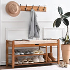 39.4in Shoe Bench with Coat Rack, 3-Tier Bamboo Entryway Bench Hall Tree Shoe Rack Holds Up to 330lb for Bedroom Hallyway - size: 39.4in with Hooks