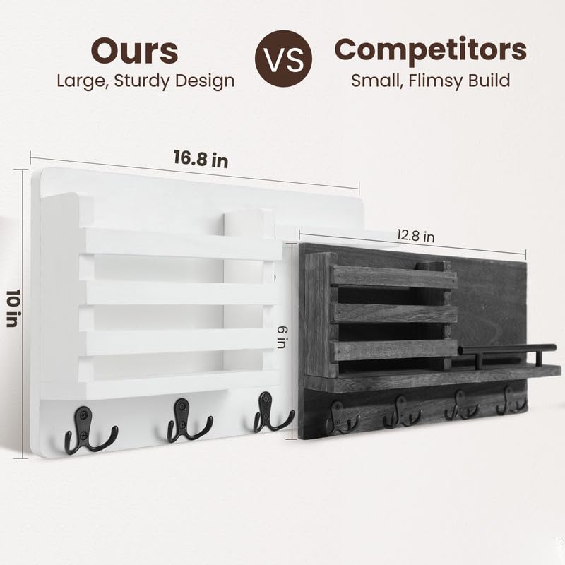 Nekon Mail Holder for Wall Mail Organizer with Key Hooks Hallway Farmhouse Decor Storage Racks with Floating Shelf and Flush Mount Hardware (16.8Inch x 10Inch x 3.2Inch) - color: White