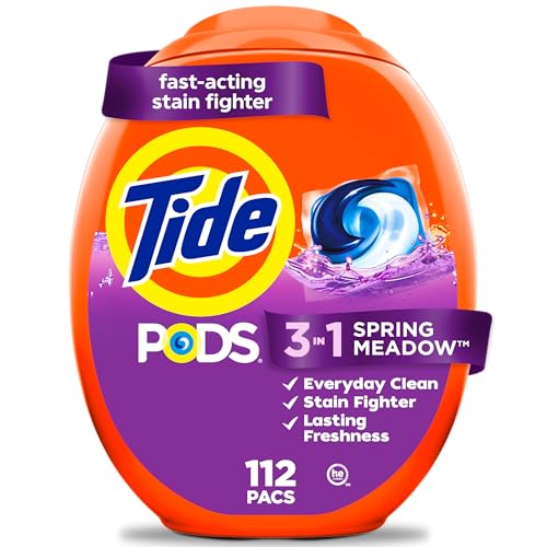 Tide PODS laundry detergent pacs, 3-in-1 Stain Remover, Odor Fighter, Color Protector, 112 Count, HE compatible, Spring Meadow Scent - size: 112 Count (Pack of 1)