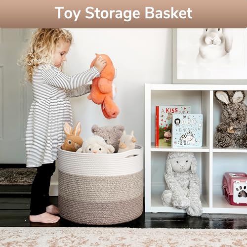 Goodpick Large Woven Basket, Blanket Basket Living Room 15.8"x15.8"x13.8", Woven Storage Bin for Baby Laundry, Light & Brown - color: White & Light Brown, size: 15.8x15.8x13.8 Inch (Pack of 1)
