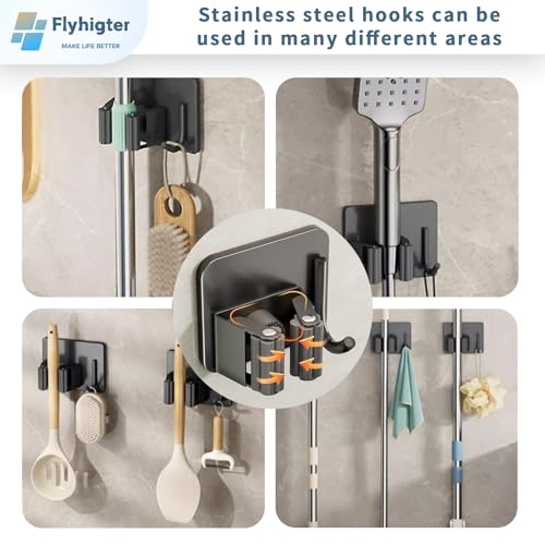 8 Pack Stainless Steel Mop Clips – Heavy Duty Wall Mounted Broom Holders, Rustproof & Tool-Free Install with Back Adhesive or Glue for Home and Garage - color: SILVER-8PCS
